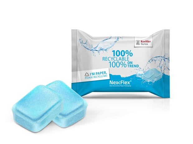 Das flexible Verpackungspapier Koehler NexPlus Seal WVB von Koehler Paper eignet sich durch seine Wasserdampfbarriere auch für die Verpackung von Spül‐ und Waschmittel sowie für Badetabs.